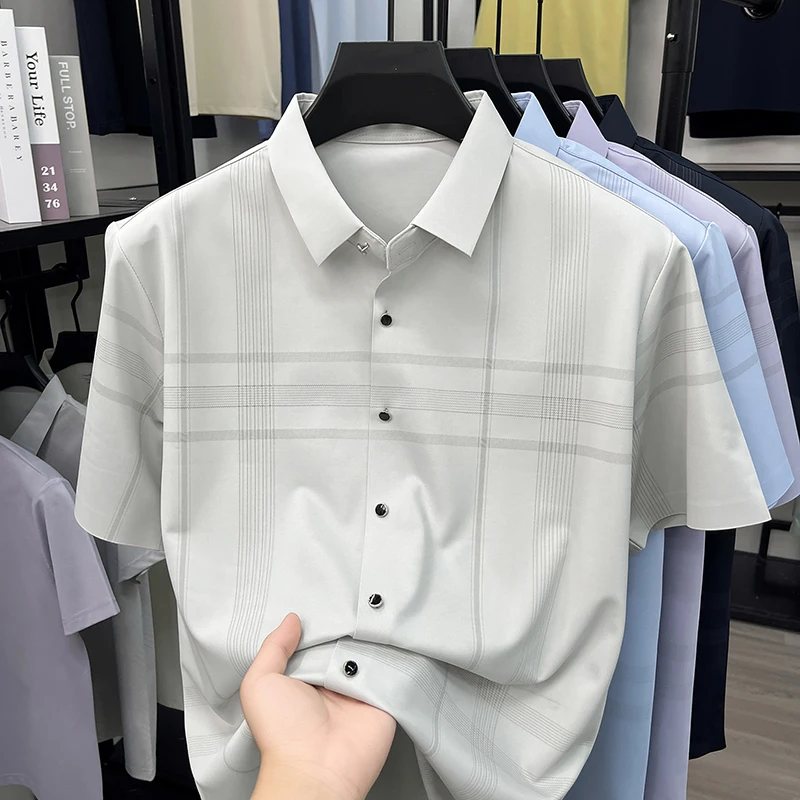 2026 Summer Business Casual Shirt Men Checkered Design Anti Wrinkle Short Sleeve Elegant Office Daily Commute Blouse for Man