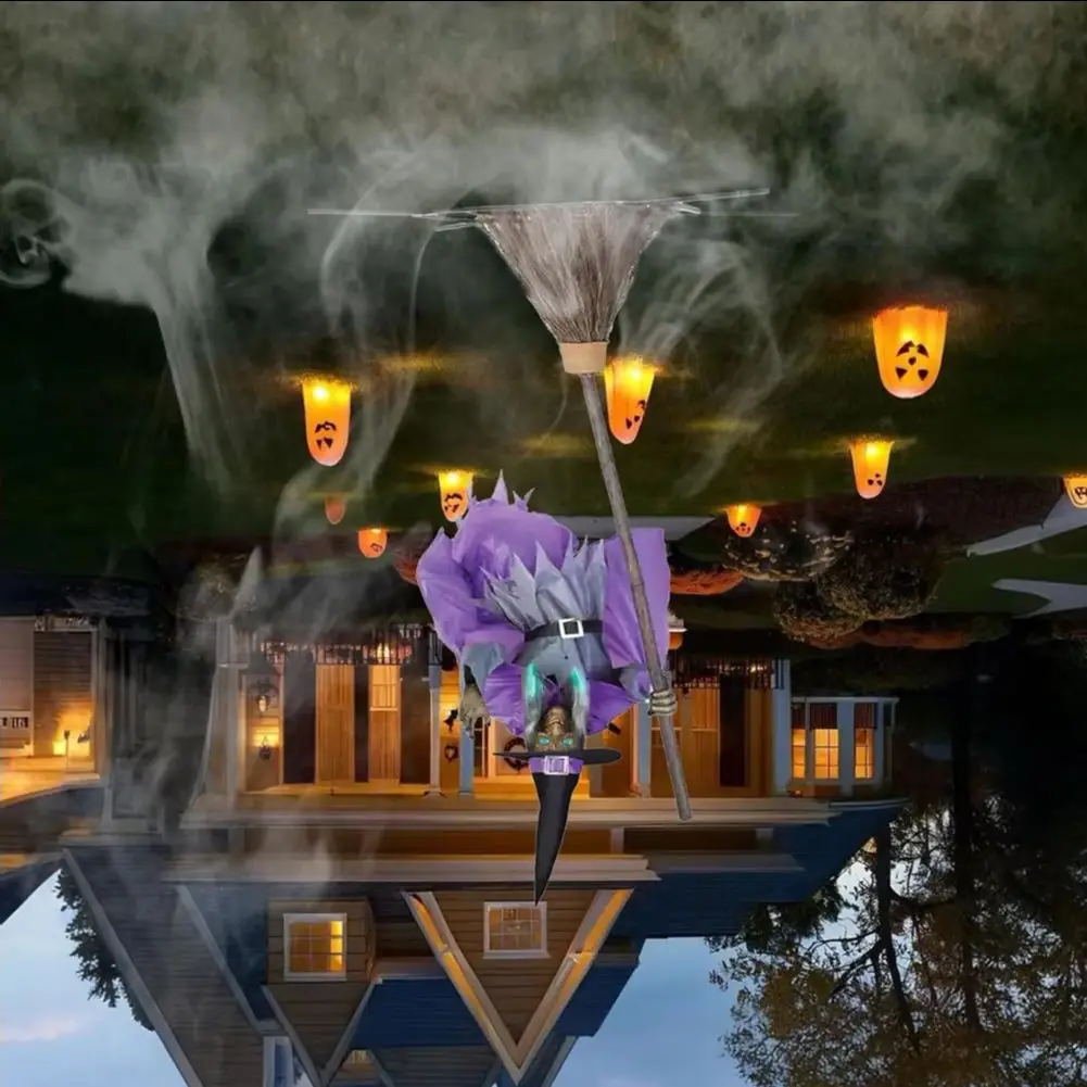 

Flying Witch Decoration with Scary Sounds & Lights Halloween Props Halloween Flying Witch Broom Prop for Garden Yard Lawn Indoor