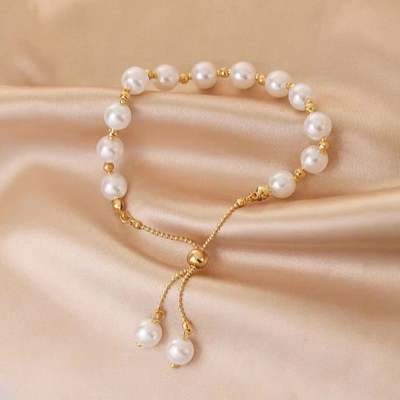 Gold Color Beads Pearls Mixed Adjustable Chain Bracelet Elegant Exquisite Bangles For Women Fashion Jewelry Gift