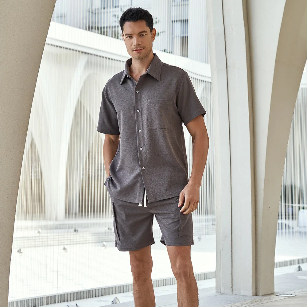 Single Breasted Shirt Turn Down Collar Shirts Men Solid Short Sleeve Blouses Casual Cardigan Spliced Buttons Loose Pockets