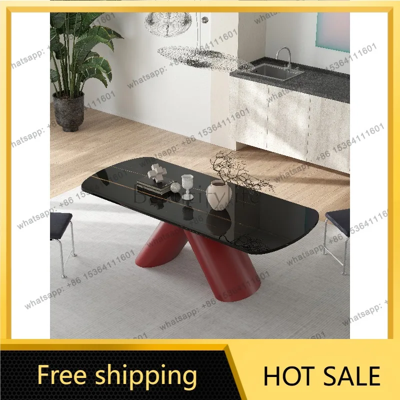 YJ Italian Minimalist Dining Table Natural Marble Tabletop Cross Support Base Rectangular Dining Table For Home Dining Room
