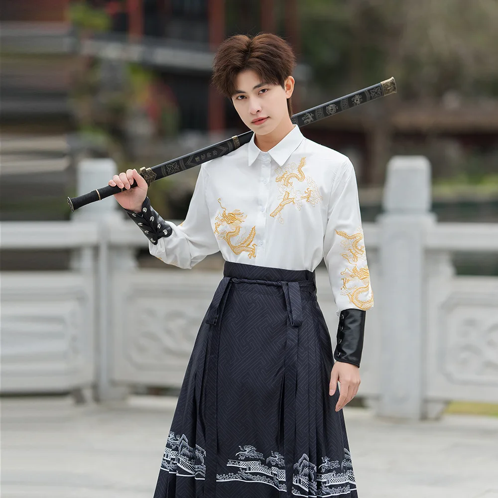 Ming Dynastie Hanfu Paard Gezicht Rok Mannen Plooien Rok Zwart Wit Shirt Rok Sets Chinese Traditionele Hanfu Rok Plus Size