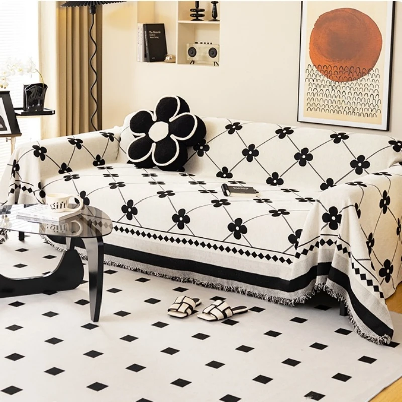 Asciugamano per divano in ciniglia geometrica jacquard Simplized Clover con nappe, per copridivano del soggiorno,