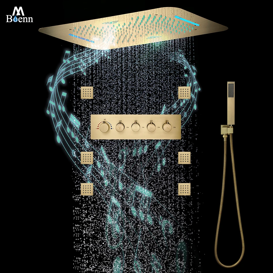 M Boenn Large Luxuny Overhead Shower Sets Bathroom Concealed Thermostatic Mixer High Pressure Waterfall Shower Head Brushed Gold