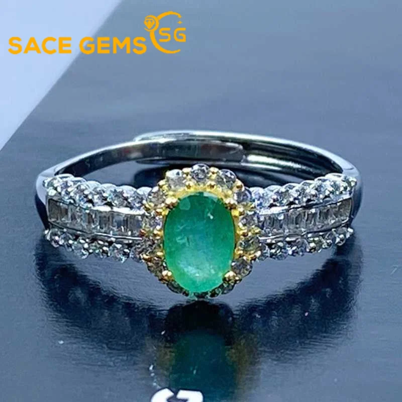 

SACE GEMS Fashion Resizable 4*5MM Natual Emerald Rings for Women 925Sterling Silver Wedding Party Fine Jewelry Festival Gift