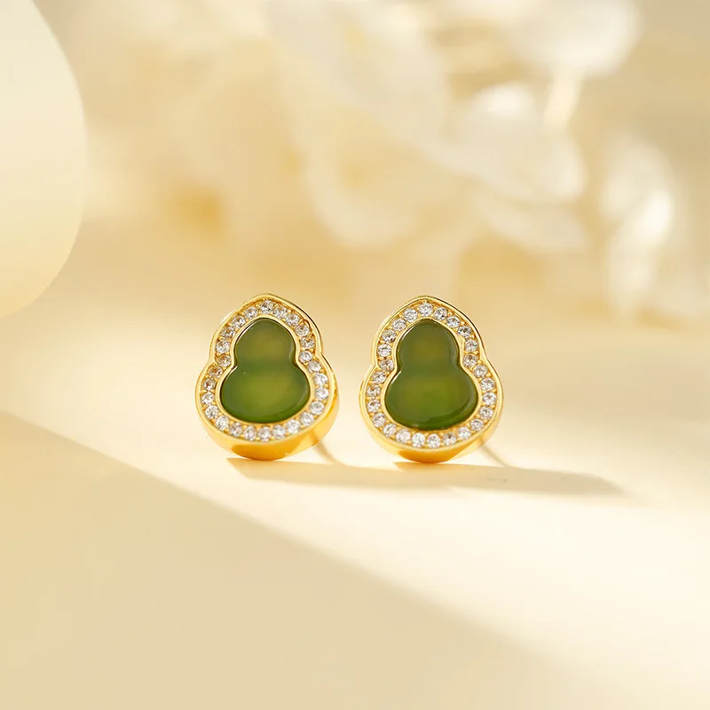 

S925 Silver Plated Hetian Green Jade Fu Lu Gourd Luxury Inlaid Ear Studs
