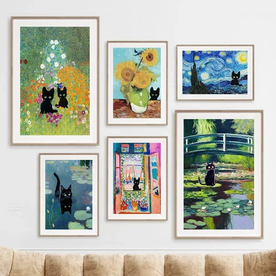 Black Cat Sunflower Peony Bridge Wall Art Abstract Posters Aesthetic Canvas Painting Poster Wall Art Picture Room Decoration