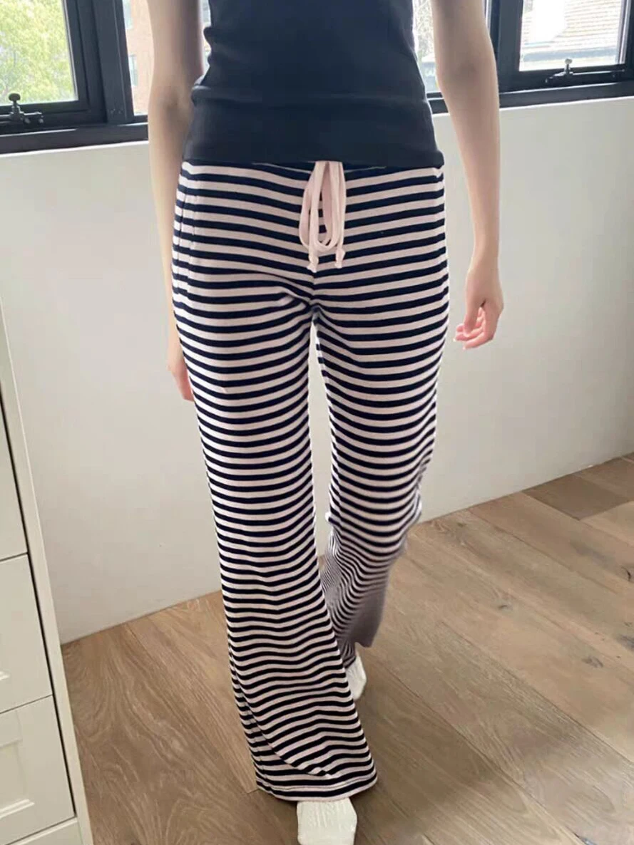 

Pink Striped Drawstring Wide Leg Pants Women Autumn Low Waist Cotton Trousers Casual Vintage Streetwear Sweet Sport Sweatpants