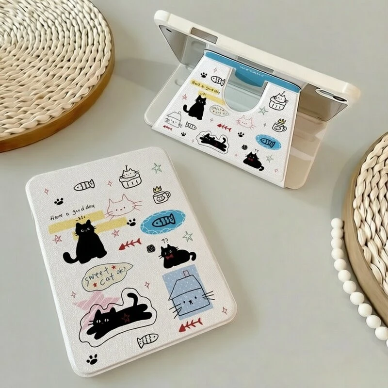 Cute Black Cat Fish Y2K 360° Rotation Cover For iPad Pro 13 11th M5 M4 12.9 A16 10 8 7 9th 10th Air 11 M2 M3 Mini Tablet Case