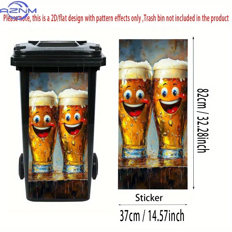 1pc 2D FLAT Cheerful Beer Mugs Self-Adhesive Dustbin Stickers, PVC Trash Can Decorative Stickers, Wheelie Bin Stickers, .01 X
