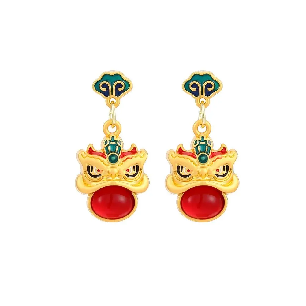 Good Luck Lion Dance Earrings Set Tassel Chinese Style New Year Earrings Cartoon Ear Jewelry Awakened Lion Earrings