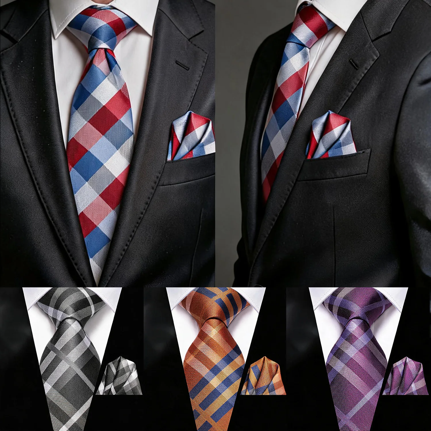 Blue Or Orange Or Purple Or Grey Plaid Tie Pocket Square 2Pcs Men Formal Wedding Business Gentleman Daily Match Accessory Decor