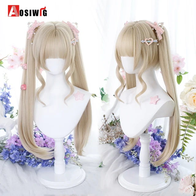 AOSI blond podwójny kucyk księżniczka krój naturalne krótkie włosy peruki syntetyczne z grzywką dla kobiet żaroodporne Cosplay włosy Lolita