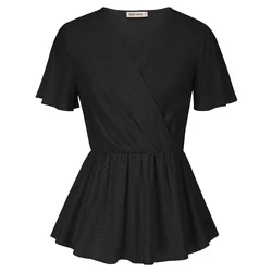 GRACE KARIN lato wydrążone topy Peplum damskie krótkie dzwonkowy rękaw V Neck w pasie A-Line bluzki eleganckie Streetwear A30