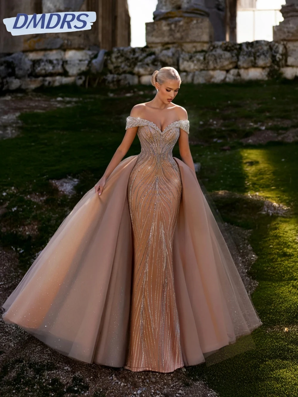

Champagne Detachable Train Beaded Long Evening Dress Off Shoulder Sweetheart Neck Wedding Party Gown Customized New Prom Dresses