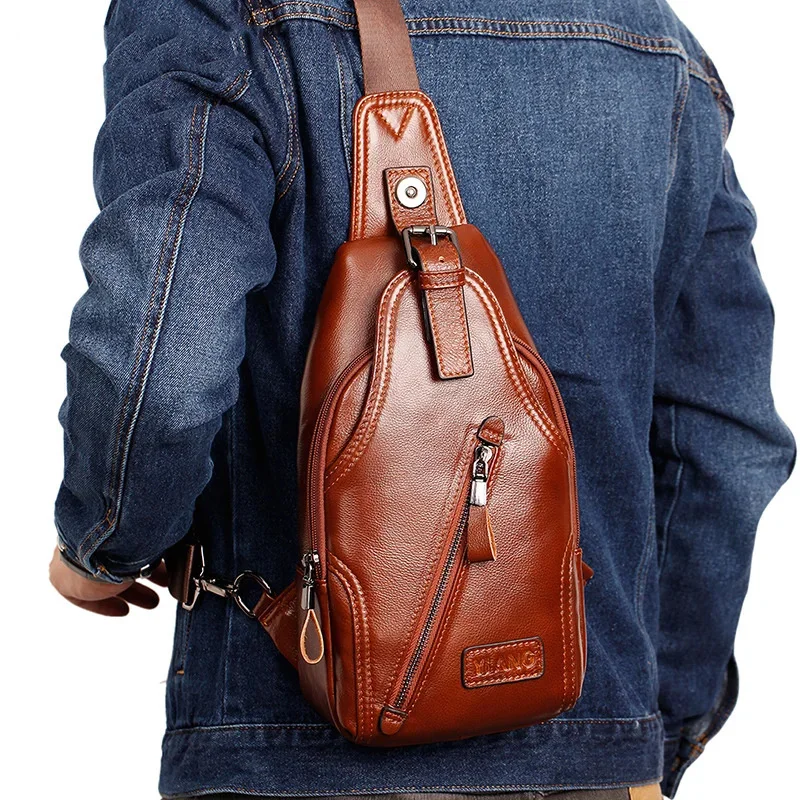 Men Genuine Leather Shoulder Cross body Chest Bag Sling BackpackFashion Travel Designer Real Cowhide Male Side Messenger Bags