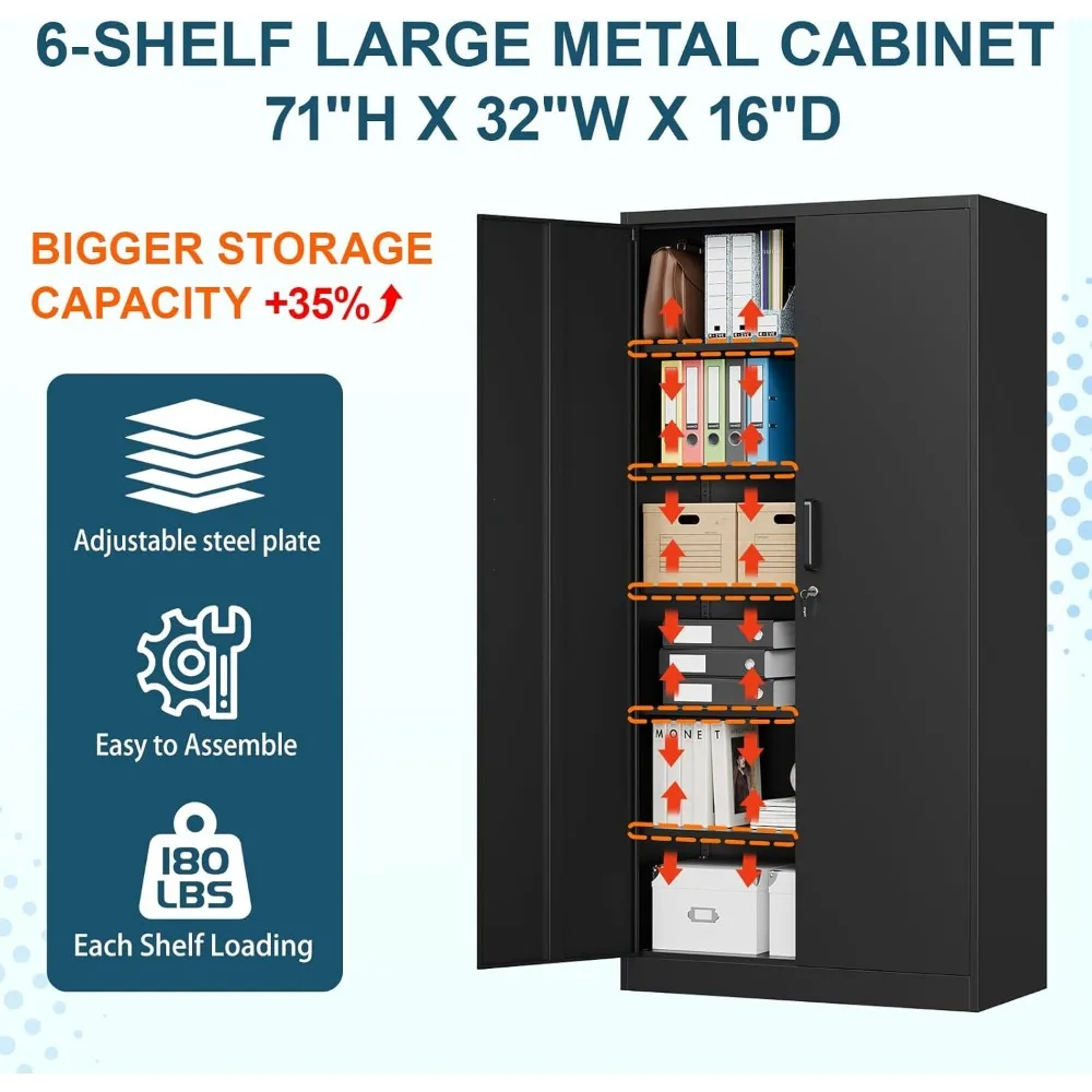 Lockable Steel Utility Cabinet with 5 Shelves for Garage Storage, 71 Tall Metal Tool Storage Cabinet with Doors