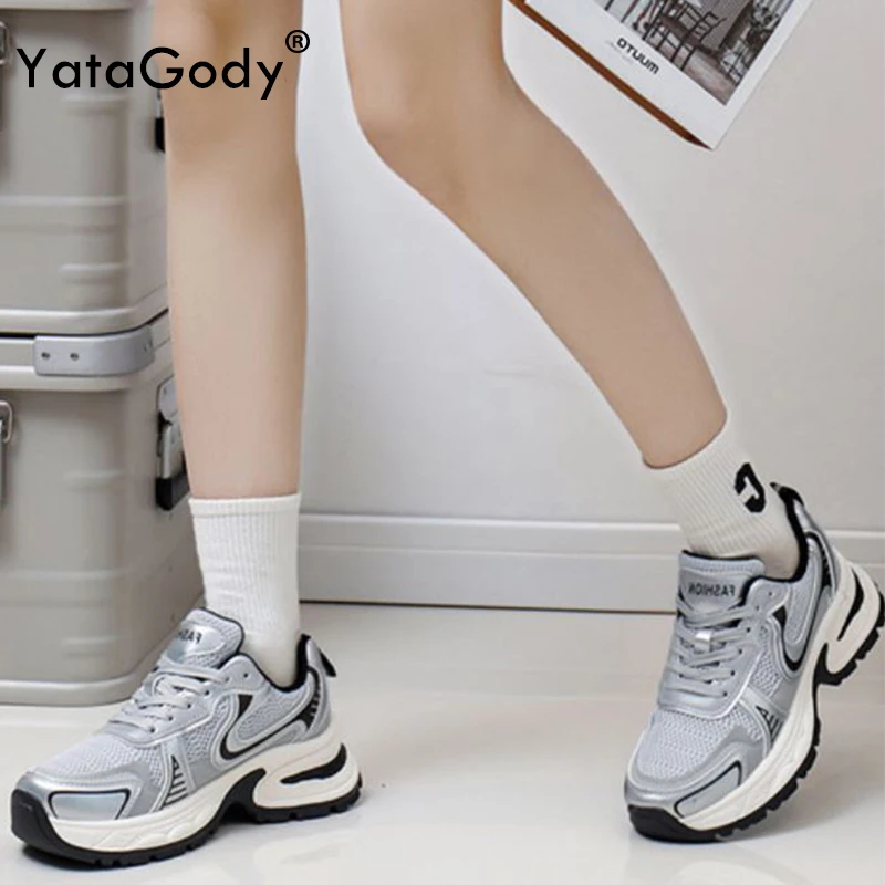 YATAGODY Size 35-40 Casual Sneakers For Women Lightweight Breath Mesh Thick Heels Pumps Shoes Platform Ins 2025 Tennis Athletic