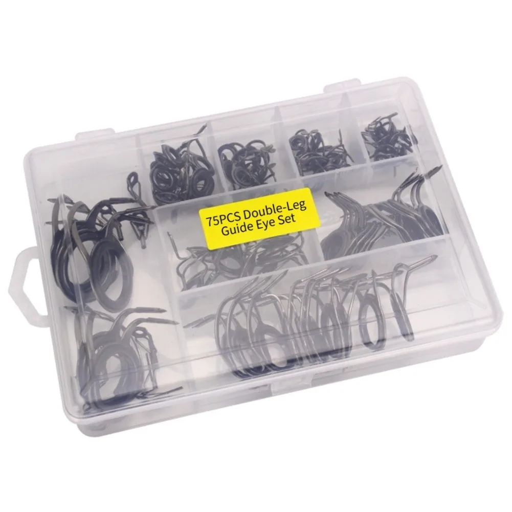 85PCS Black Carbon Steel Double Leg Fishing Rod Guide Eyes Kit With SiC Inserts For Sea Fishing Rod Building And Repair Tools
