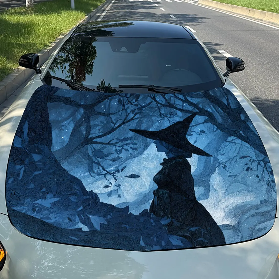 

Night Blue Forest Witch Car Vinyl Wrap, PVC Waterproof Car Hood Sticker, Self-Adhesive Scratch-Resistant Stickers for Engine Cov