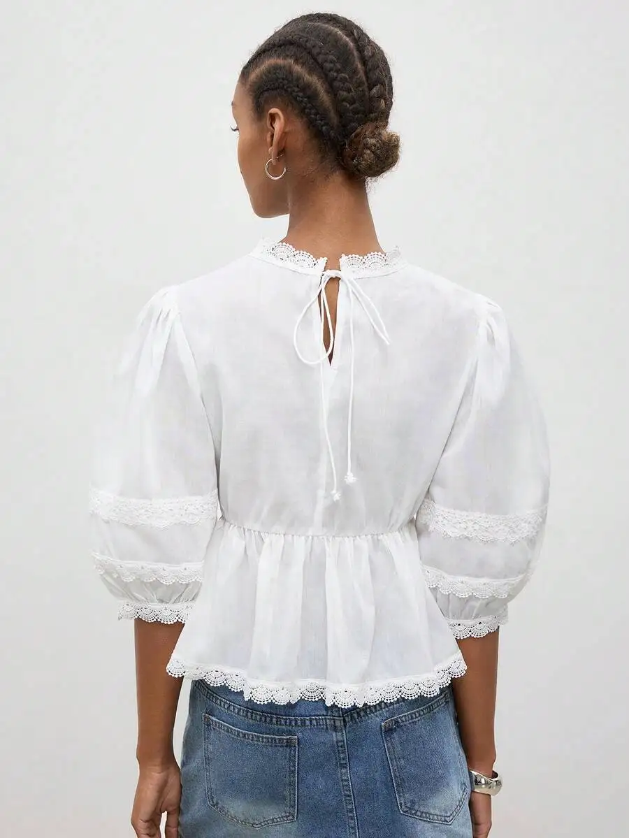 

Womens White Lace Trimmed Puff Sleeve Blouse With Back Tie Detail