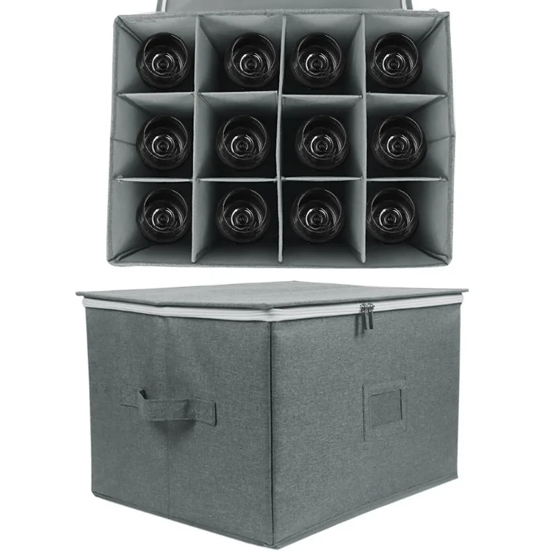 42.5x32x27cm Foldable Wine Glass Storage Box, 12 Compartments, Oxford Cloth, Collapsible Organizer