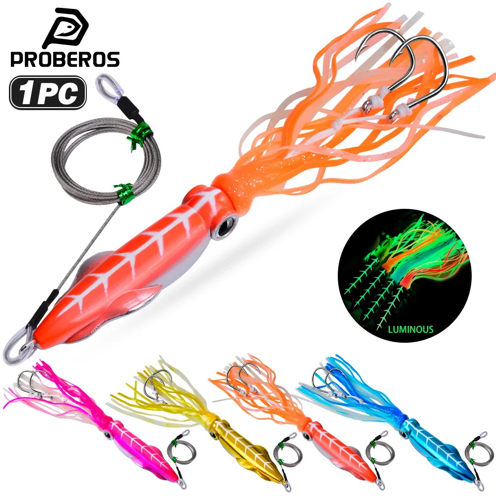 Proberos Luminous Squid Skirt Soft Bait 18-22.5cm 3D Simulation Fish Eye Swimming Bait 1PC With Barbed Hook Silicone Bass Lures