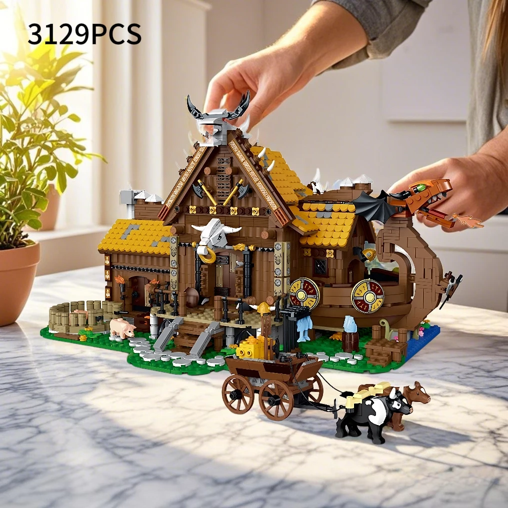 

033051 Viking Cabin Lighting Edition Retro Architectural Creative Building Blocks Birthday, Halloween, Christmas gifts