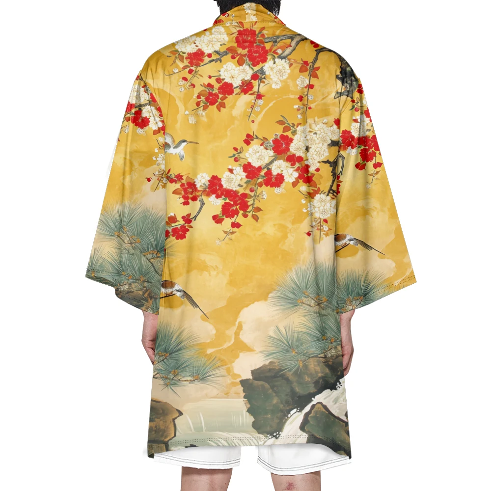 Kimono Samurai Yukata, Kimono mode Jepang, Kimono panjang Unisex, Haori, Retro, kardigan, cetakan lanskap, musim gugur