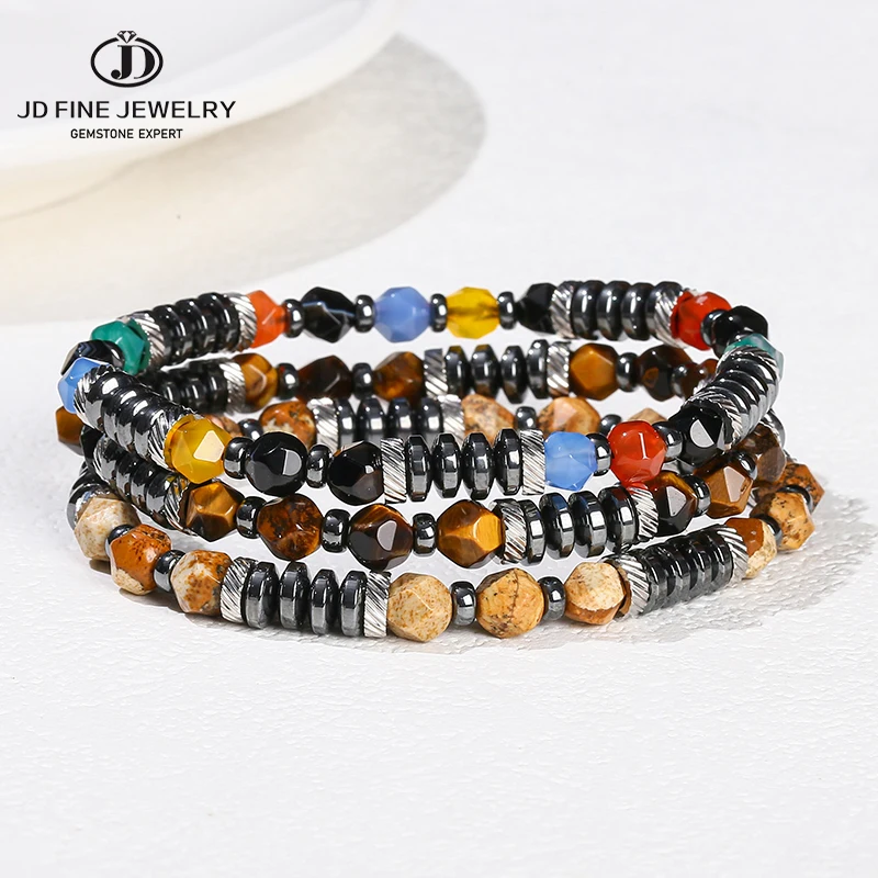 JD  Natural Faceted Bead Hematite Stone Mixed Bracelets Women Men Bohe Classic Stretch Bracelets Yoga Energy Protection Jewelry