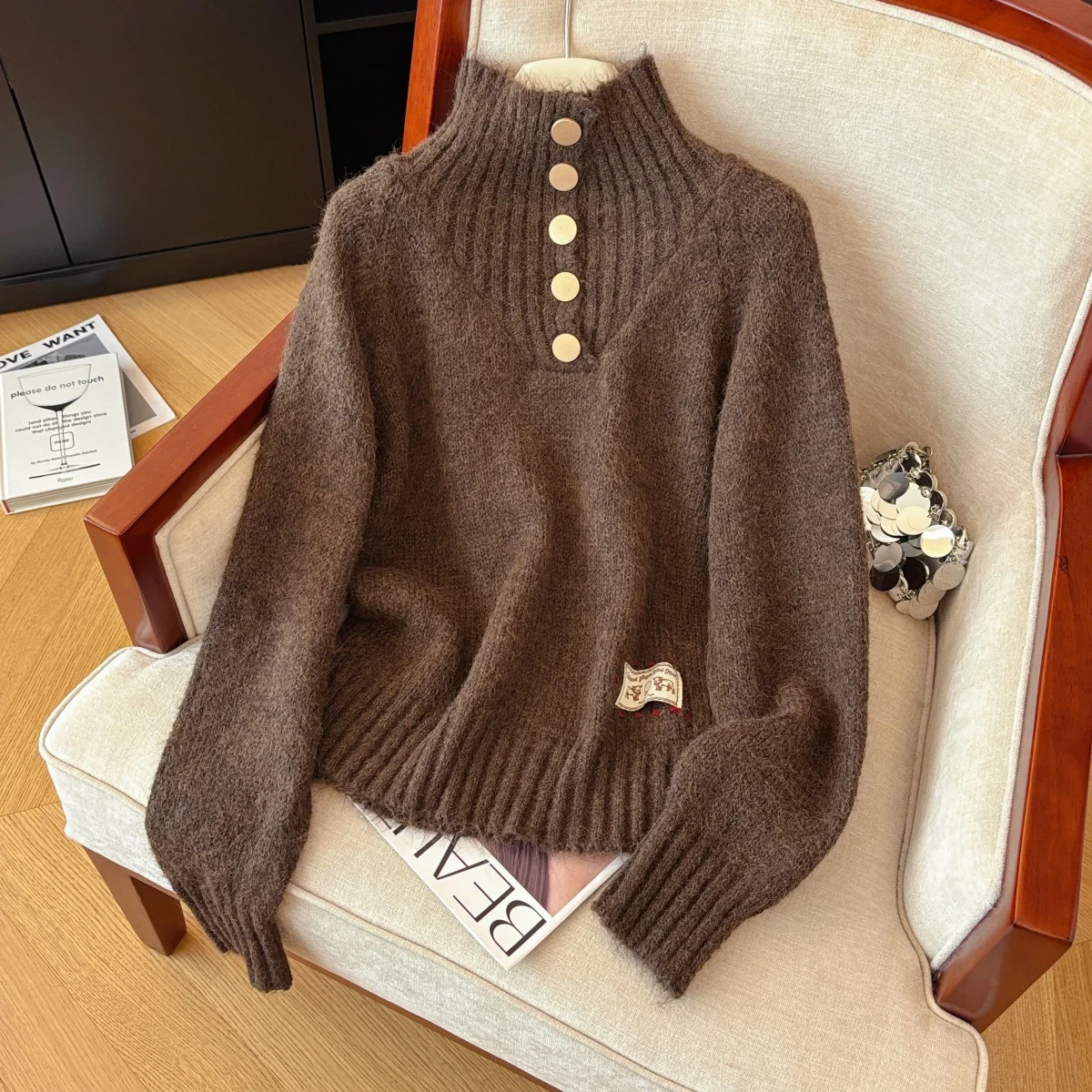 

Women Brown Turtleneck Pullover Sweater Y2k Vintage 2000s Elegant Korean Style Jumper Knit Long Sleeves Cashmere Sweater Winter