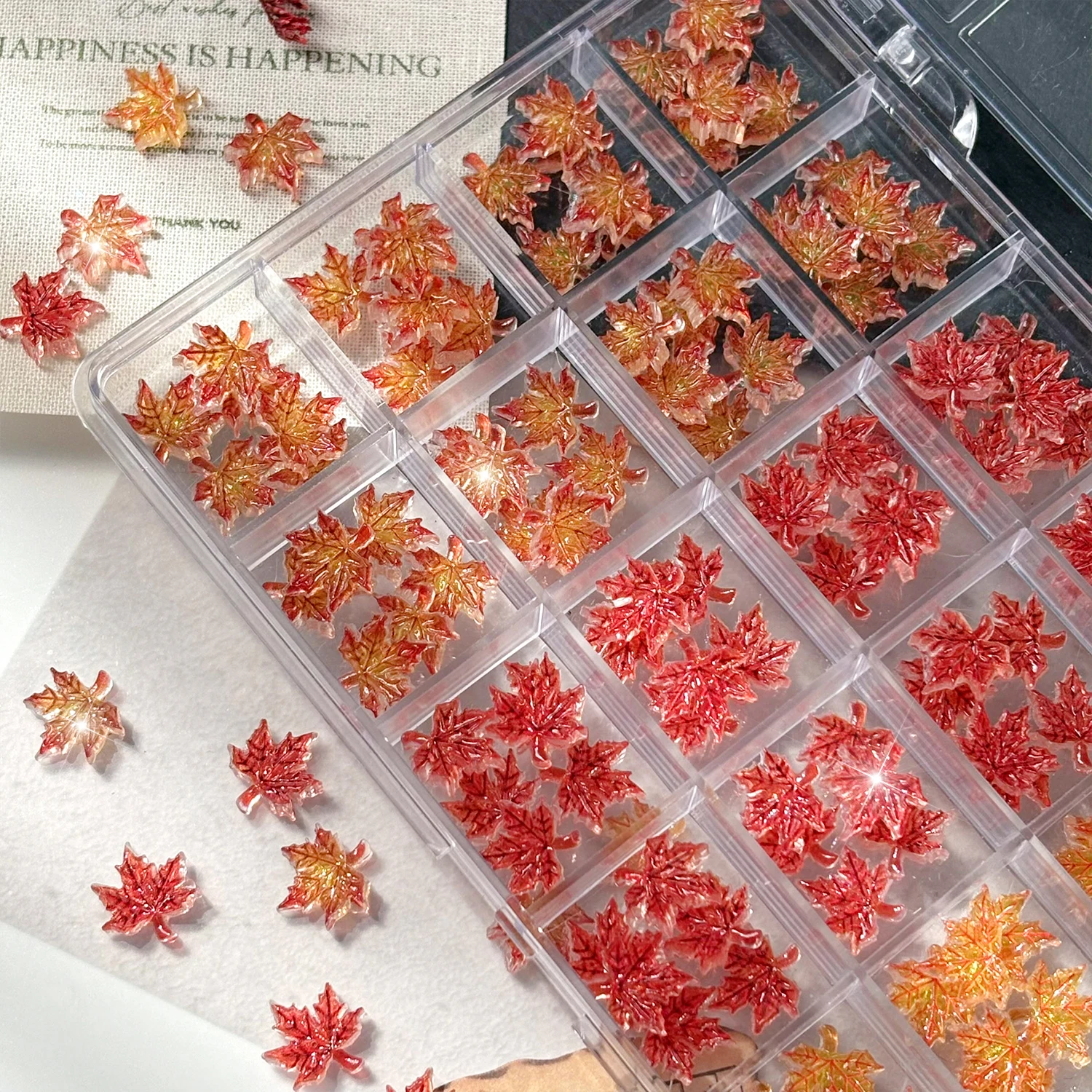 24Grids/Box 3D Autumn Maple Leaf Nail Charms Gradient Glitter Orange Red Gold Resin Fall Leaves Nail Supplies DIY Manicure Decor