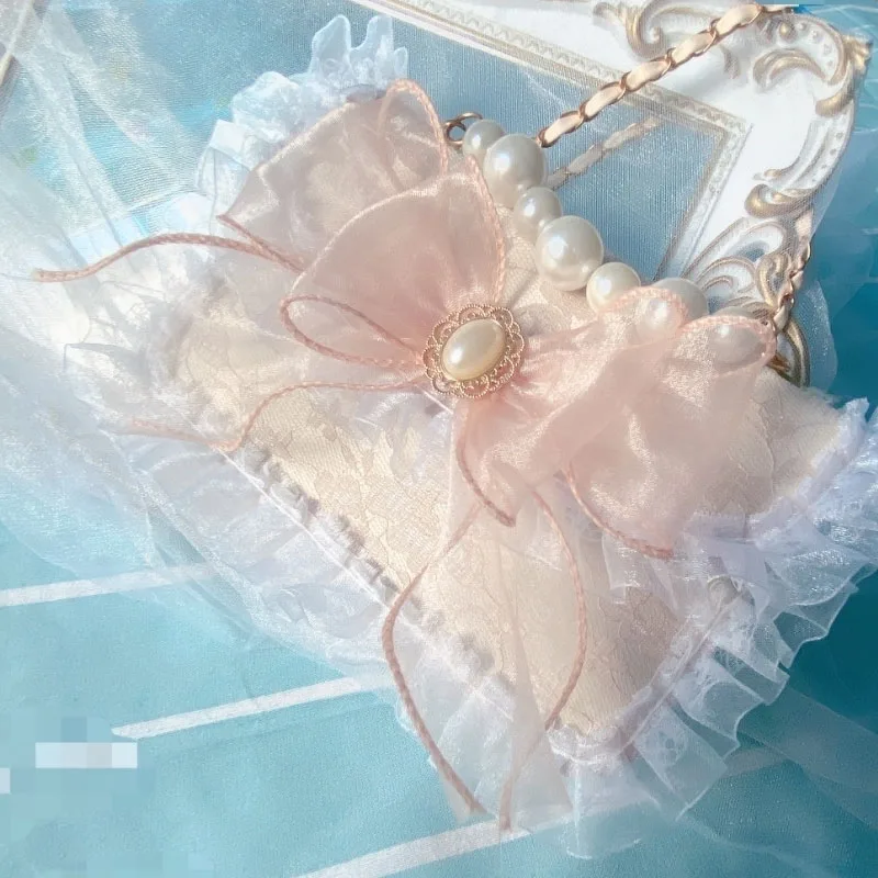 

Girl Lace Pink Shoulder JK Bag Sweet Cute Lolita Bow Elegant Handbag Beading Exquisite Sissy Armpit Bag COS Crossdresser Fashion