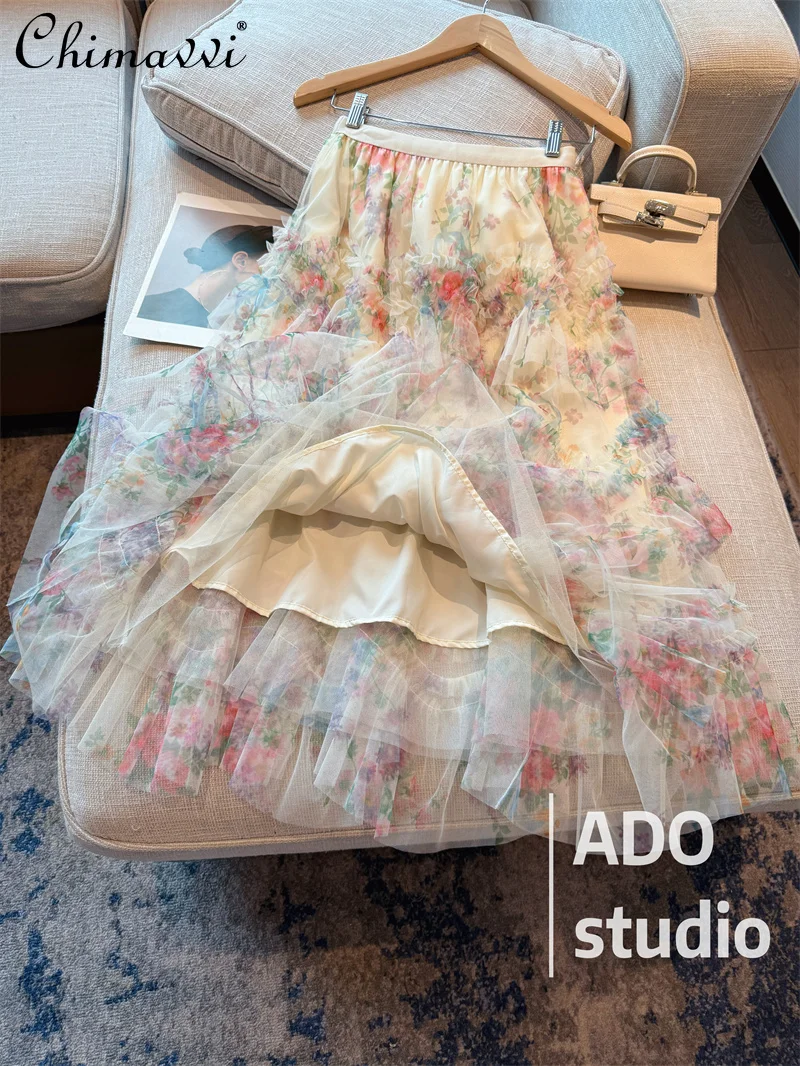 

Fashion Floral Mesh Midi Skirt for Women 2025 Autumn New High-end Sweet Fairy Lace Mid-length Cake Irregular Women's Skirt