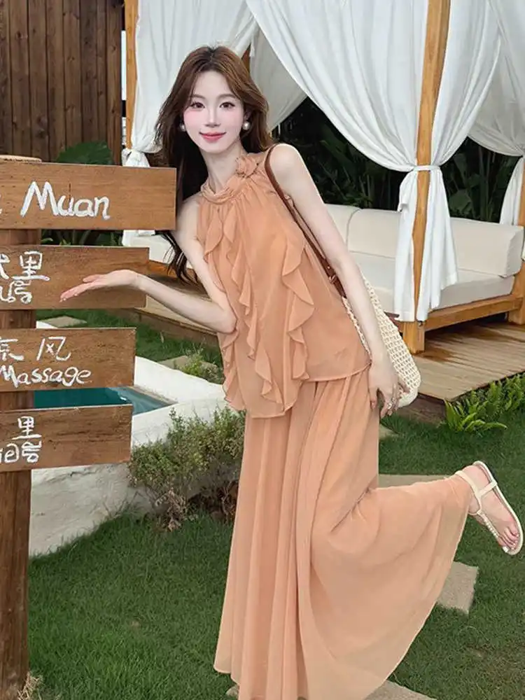 Clothland Women Sweet Chiffon Ruffle Two Piece Suit Halter Loose Shirt Elastic Band Long Skirts Summer Female Set TA611