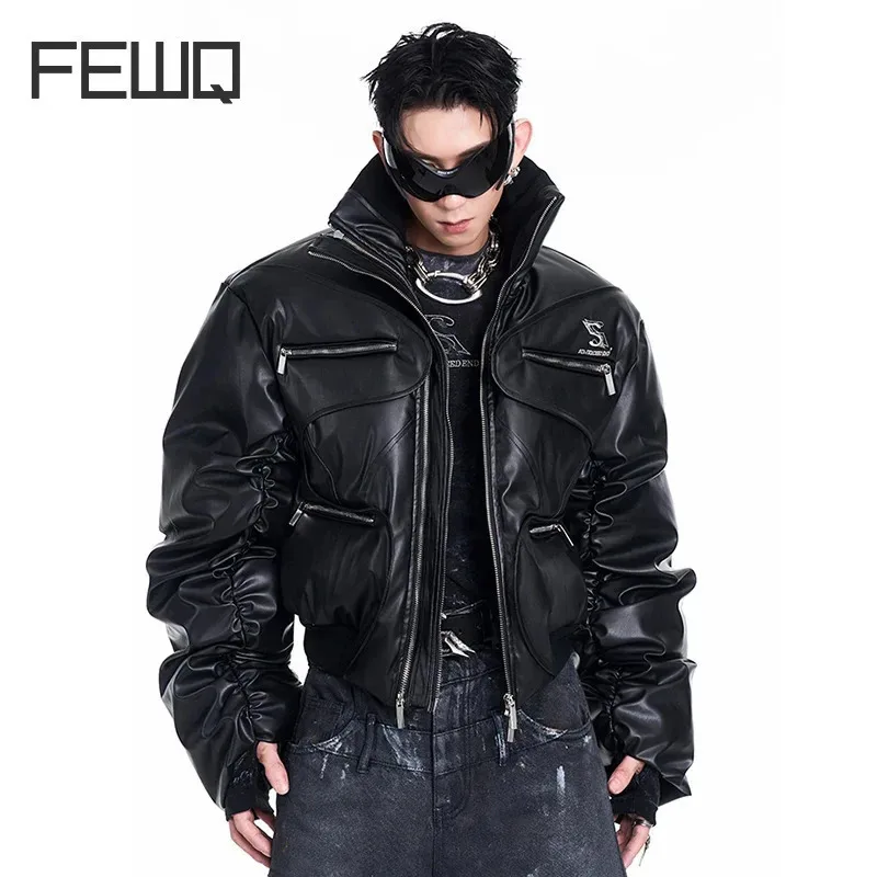 FEWQ Men\'s Thick Short Cotton Jacket Stand Collar Double Zipper Decoration Design Long Sleeve Solid Color 2024 New Coats 24E5003