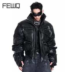 FEWQ Men's Thick Short Cotton Jacket Stand Collar Double Zipper Decoration Design Long Sleeve Solid Color 2024 New Coats 24E5003