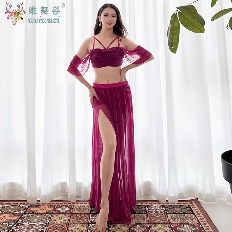 

Belly Dance Practice Set for Women Mesh Long Sleeves Top+gauze Long Skirt 2pcs Training Set Oriental Belly Dancing Wear Outfit