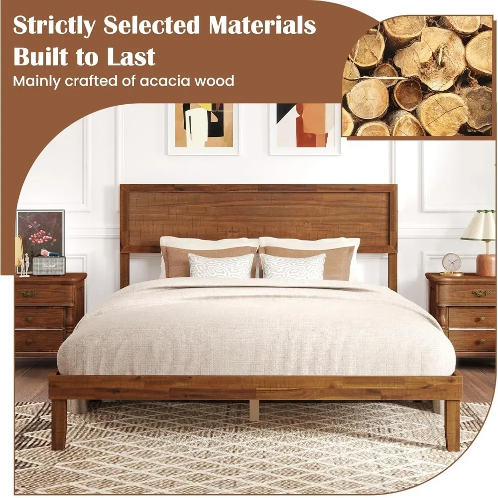 

Wood Queen Bed Frame with Headboard, Mid Century Modern Platform Bed Queen Size with Solid Wood Legs & Wooden Slat