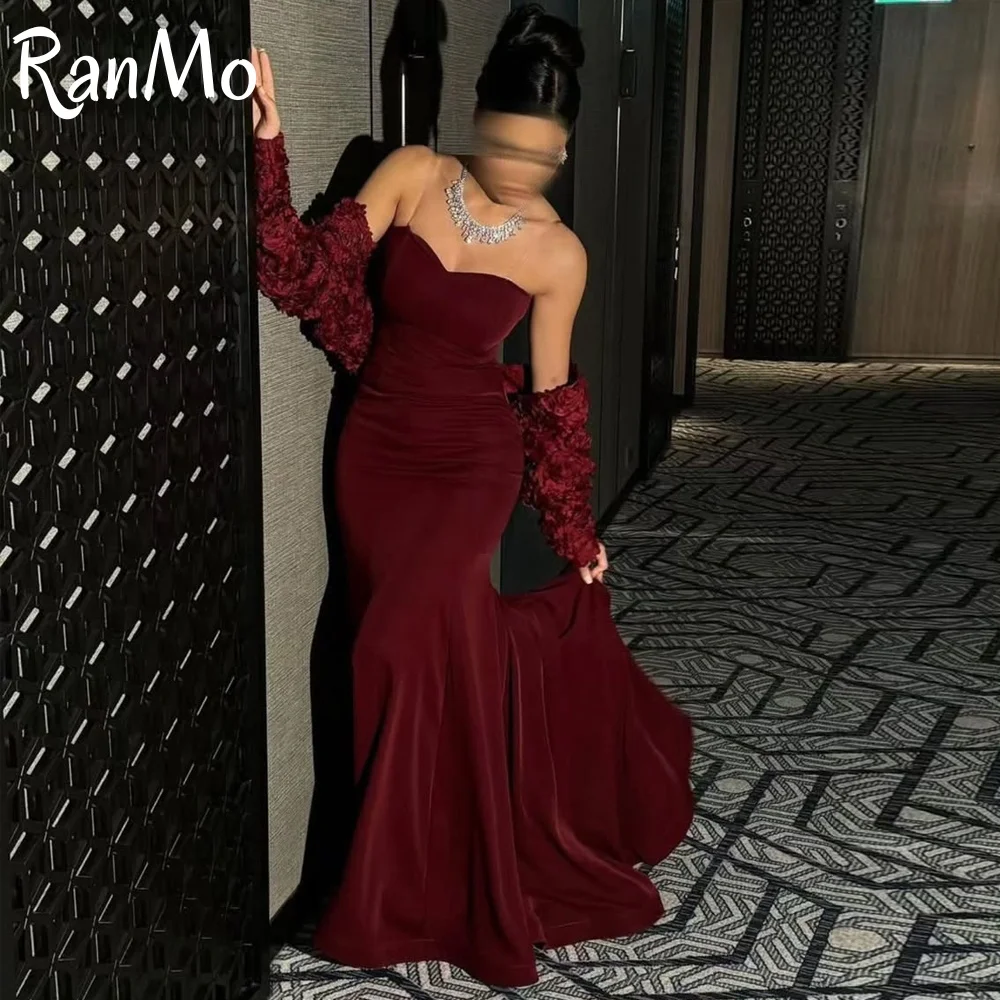 

Ranmo Customized Simple Burgendy Mermaid Strapless Long Evening Dresses Flower Appliques Backless Draped Floor Length Pageant