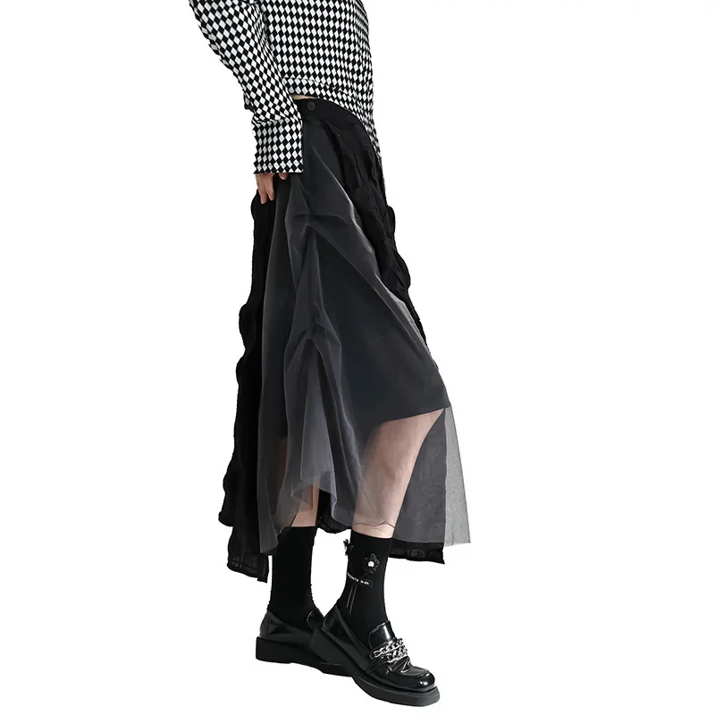 UMI MAO Yamamoto Design Black Gray Collision Heavy Splicing Mesh Pleated A Word Autumn Winter Female Sweet Spicy Style Skirt