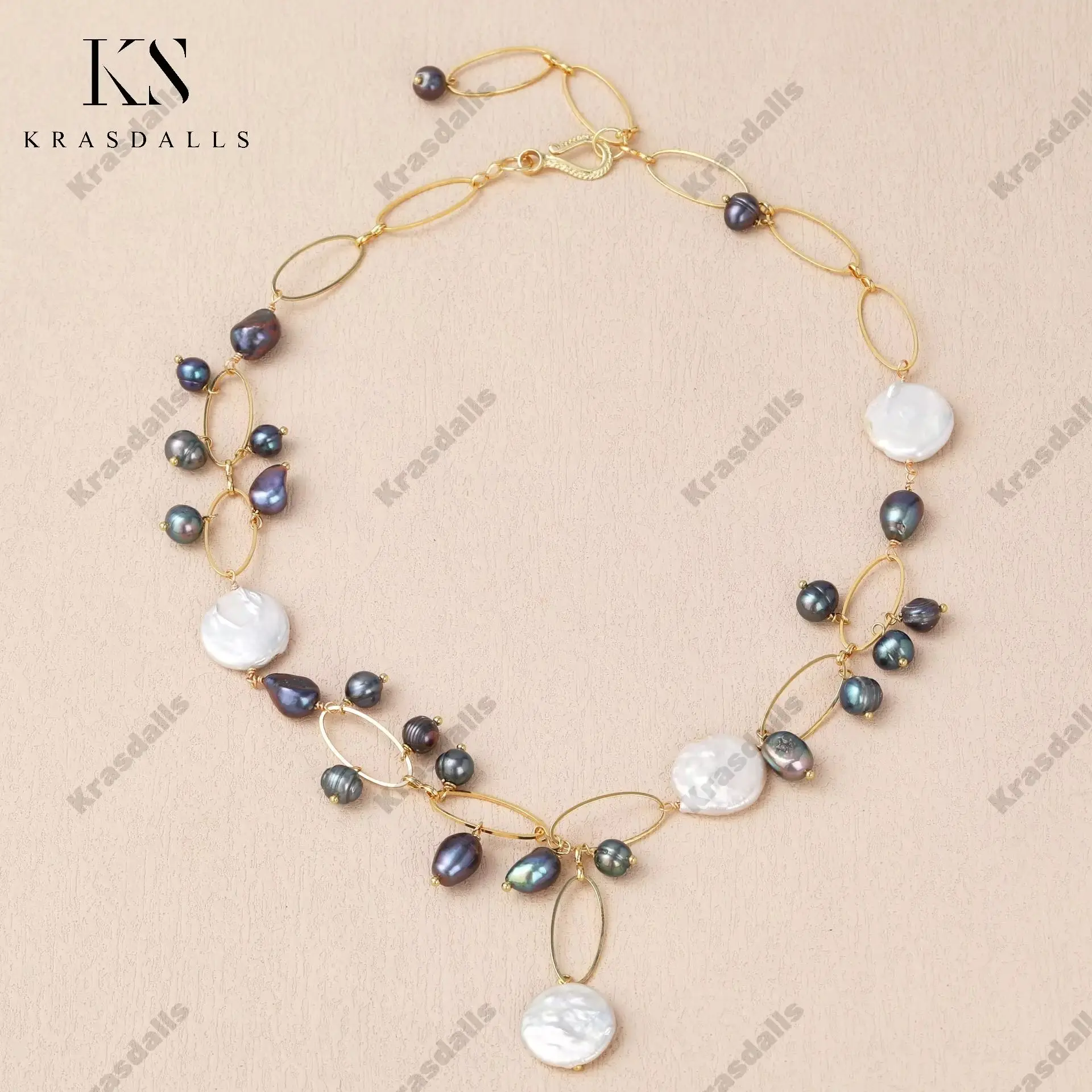 

Trendy Bohemian Style Natural Grey and White Freshwater Pearl Necklace with Chain for Weddings Parties