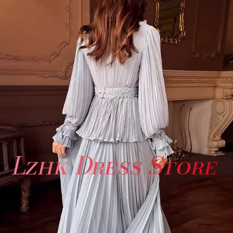 맞춤형 우아한 쉬폰 a 라인 프릴 진주 단추 아플리케 이브닝 드레스 고품질 긴 소매 연예인 가운