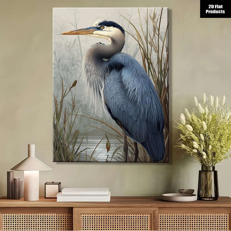 (No frame)2D Flat, 1pc Majestic Blue Heron Wall Art Painting - Modern Farmhouse Rustic Chic Wetland Wildlife Decor Suitable f