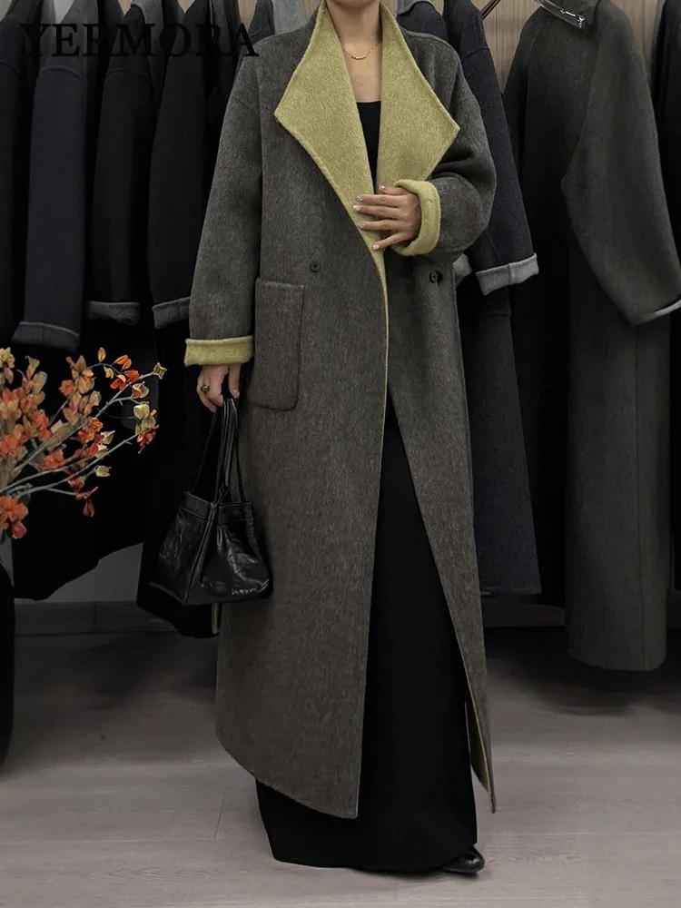 

YERMORA серое повседневное теплое шерстяное пальто с карманами и поясом для женщин, свободное новое пальто с длинными рукавами и лацканами, модное осень-зима 2025