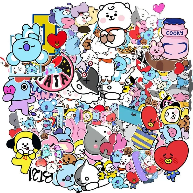 50pcs Line FriendsBT21 Cartoon Graffiti Stickers Waterproof Sunscreen Non-glue Luggage Car Refrigerator Helmet Kids Toys Gifts