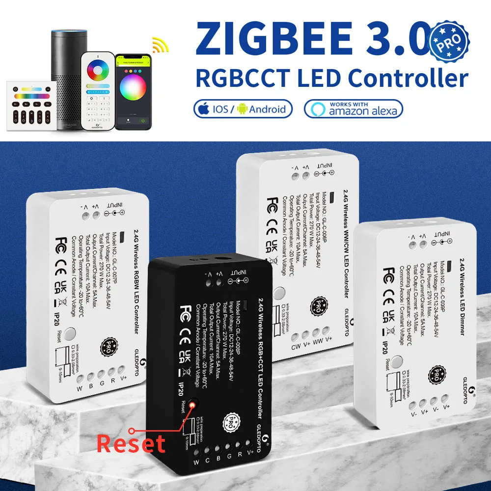 

Gledopto 12V-54V 24V Zigbee 3.0 monochrome/WW CW/RGB RGBW/RGBCCT LED Strip Controller Reset Key Pro Dimmer Tuya RF Remote Switch