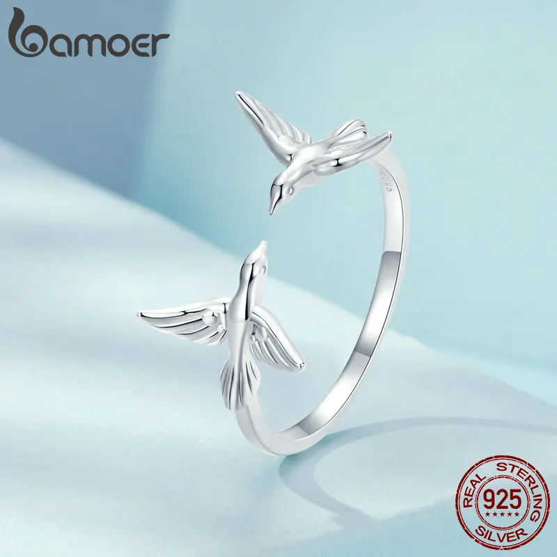 BAMOER Bird Rings for Women Sterling Silver Adjustable Kingfisher Ring Dainty Stackable Rings Cute Animal Ring for Bird Lovers