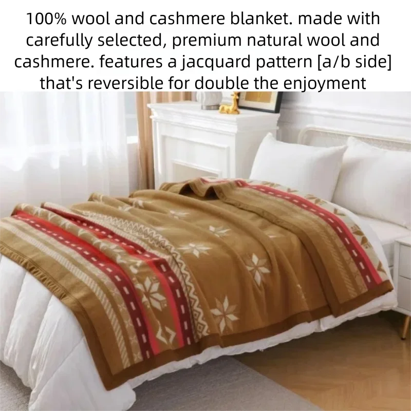 Wool Blanket 100 Cashmere Jacquard Throw Shawl Warm Soft Thick Bed Home Winter Breathable Moisture Wicking Double Sided