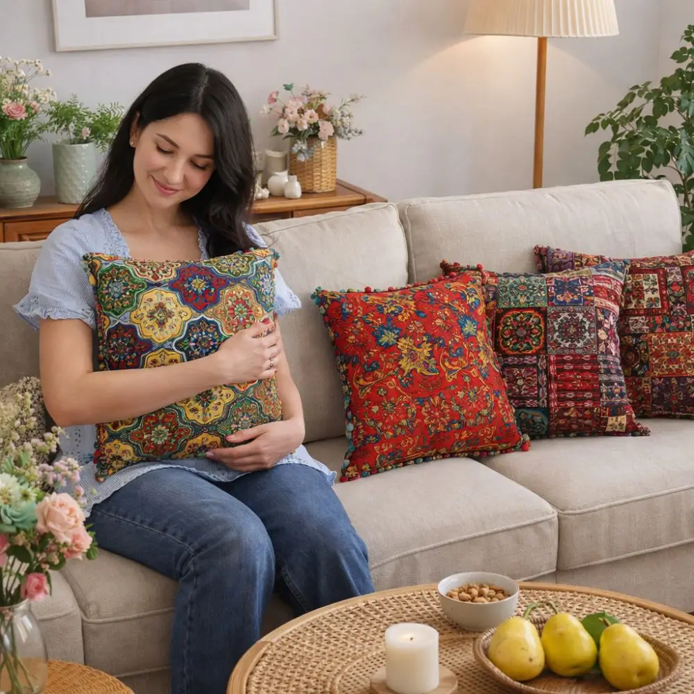 Retro Bohemian Pillow Cushion Super Soft Decorative Printing Ethnic Style Cushion with Tassel Comfortable Throw Pillows